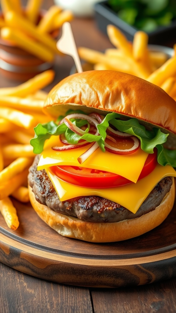 A classic cheeseburger with melted cheese, lettuce, tomato, and onion on a rustic wooden table with fries.